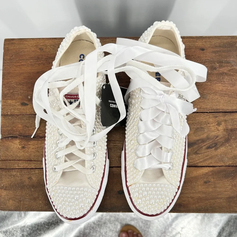 Converse All Star Pearl Embellished Low  Sneakers Ivory Bridal‎ Shoes Womens 8.5